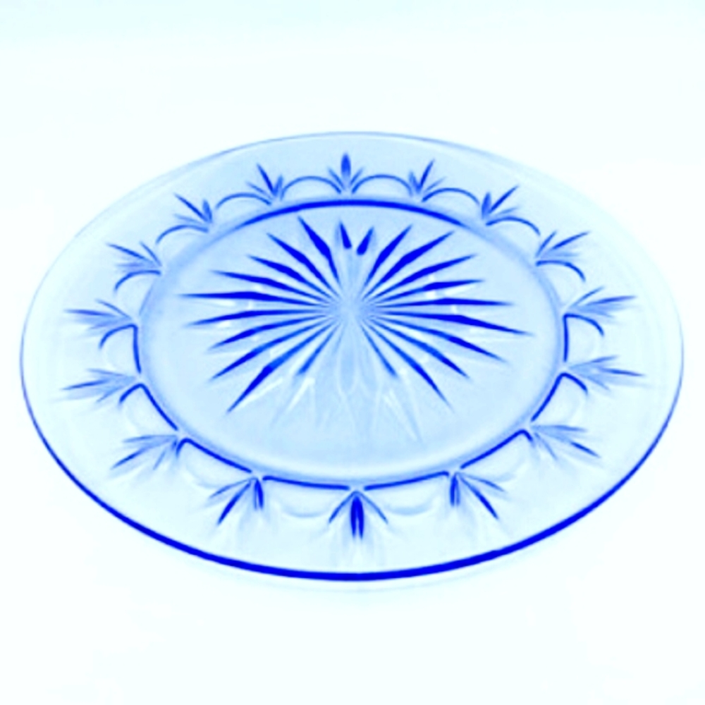 Vintage Avon Fostoria American Blue Starburst Dinner Plates 10" Set of 2